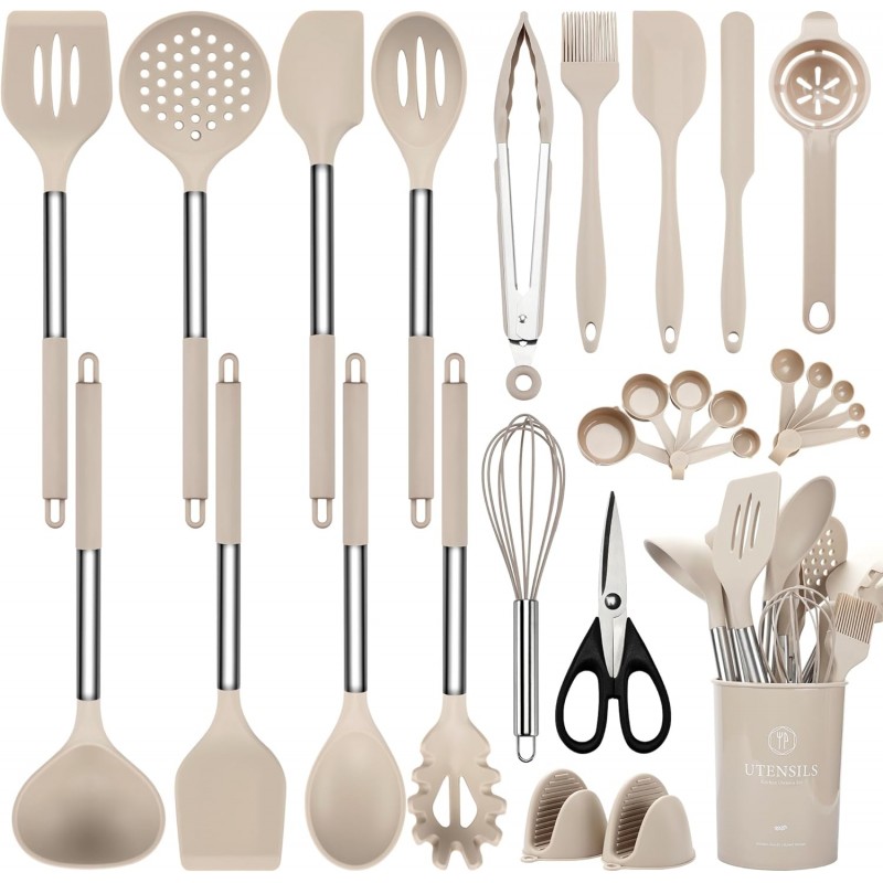 Silicone Cooking Utensils Set, 28 Pcs Kitchen Utensils Set 446°F Heat Resistant Spatula Set, Food Grade Silicone and Stainless Steel Handle Kitchen Gadgets for Nonstick Cookware BPA Free