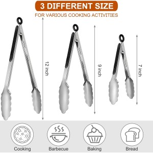 9 Pieces Stainless Steel Kitchen Tongs Grilling Locking Cooking Tongs Non-Slip Metal Food Tongs for Cooking, Salad and BBQ, 7, 9 and 12 Inch