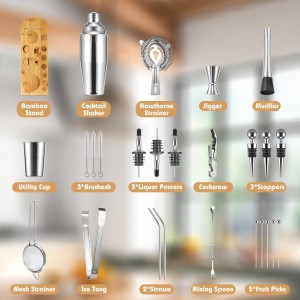 Cocktail Shaker Set, 26-Piece Premium Mixology Bartender Kit - 18/8 Stainless Steel Bar Set with Bamboo Stand - Includes Mixing Tin, Hawthorne & Mesh Strainer - Professional Gift for Men