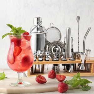 Cocktail Shaker Set, 26-Piece Premium Mixology Bartender Kit - 18/8 Stainless Steel Bar Set with Bamboo Stand - Includes Mixing Tin, Hawthorne & Mesh Strainer - Professional Gift for Men