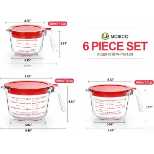 M MCIRCO 6 Pcs Glass Measuring Cups with Lids Set, 1-Cup, 2-Cup, 4-Cup Measuring Jugs with Handle, Nesting Liquid Measuring Cups for Kitchen