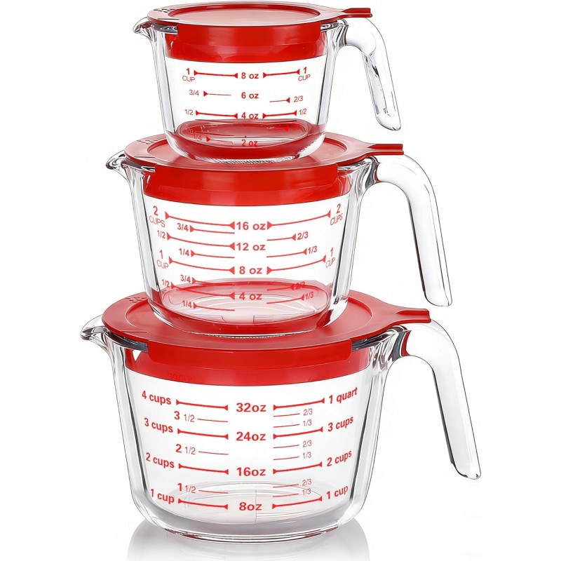 M MCIRCO 6 Pcs Glass Measuring Cups with Lids Set, 1-Cup, 2-Cup, 4-Cup Measuring Jugs with Handle, Nesting Liquid Measuring Cups for Kitchen