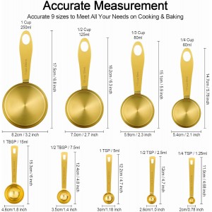 GuDoQi Measuring Cups and Spoons Set of 9, Stainless Steel Handle with Metric and US Measurements, Golden Polished Finish, Dry & Liquid Ingredient Measuring Cup for Cooking and Baking