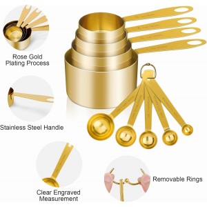 GuDoQi Measuring Cups and Spoons Set of 9, Stainless Steel Handle with Metric and US Measurements, Golden Polished Finish, Dry & Liquid Ingredient Measuring Cup for Cooking and Baking