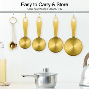 GuDoQi Measuring Cups and Spoons Set of 9, Stainless Steel Handle with Metric and US Measurements, Golden Polished Finish, Dry & Liquid Ingredient Measuring Cup for Cooking and Baking