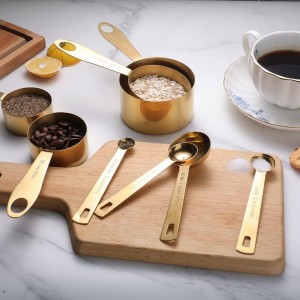 GuDoQi Measuring Cups and Spoons Set of 9, Stainless Steel Handle with Metric and US Measurements, Golden Polished Finish, Dry & Liquid Ingredient Measuring Cup for Cooking and Baking