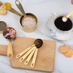 GuDoQi Measuring Cups and Spoons Set of 9, Stainless Steel Handle with Metric and US Measurements, Golden Polished Finish, Dry & Liquid Ingredient Measuring Cup for Cooking and Baking