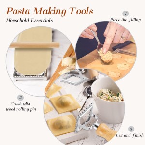Geetery 5 Pcs Ravioli Mold Set 2 Inch Squares Ravioli Maker Cutter Include 1 Raviolis Maker Press 3 Pasta Cutter Stamp Makers 1 Wood Rolling Pin Pasta Making Tool for Home Kitchen Supplies (12 Holes)