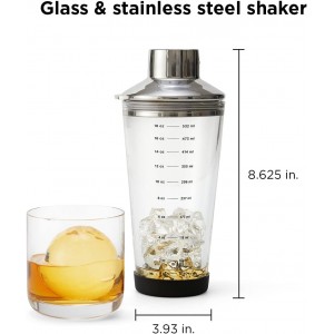 Rabbit 18 oz Glass Cocktail Shaker with Printed Measurements, Multi-Use Stainless Steel Topper with 1.5 oz Jigger Cap and Strainer, 3.94 x 3.54 x 9.06 IN