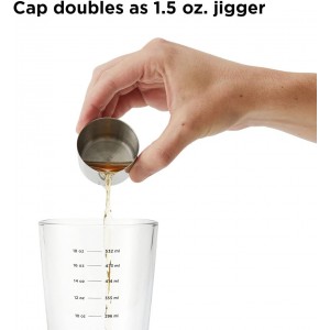 Rabbit 18 oz Glass Cocktail Shaker with Printed Measurements, Multi-Use Stainless Steel Topper with 1.5 oz Jigger Cap and Strainer, 3.94 x 3.54 x 9.06 IN