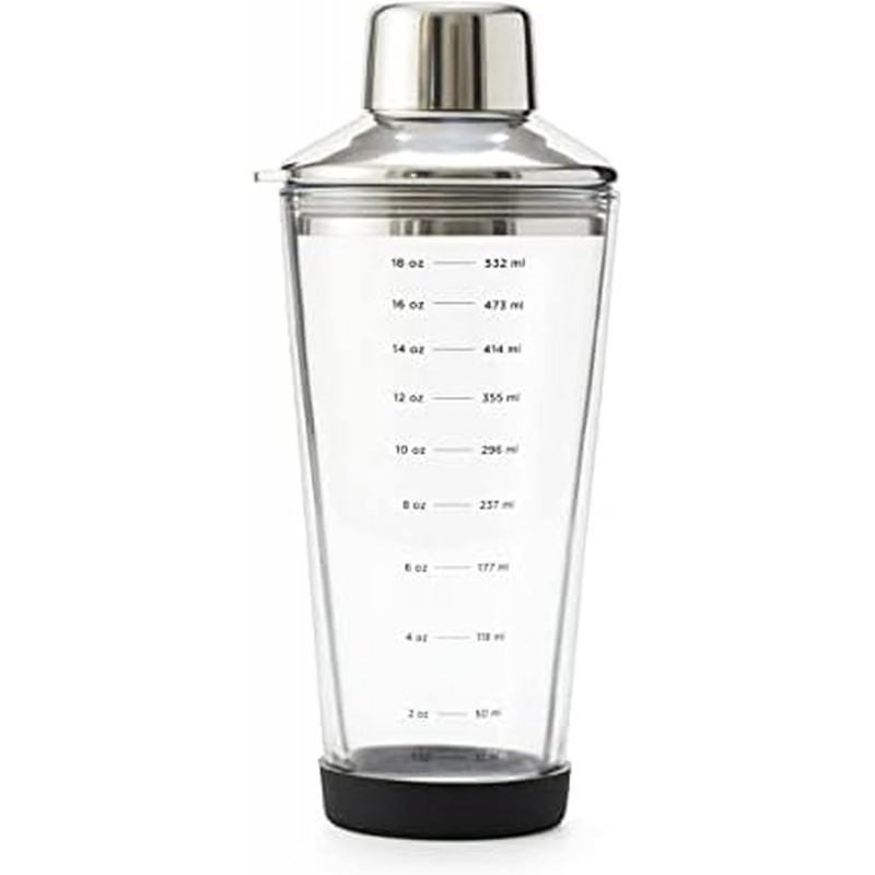 Rabbit 18 oz Glass Cocktail Shaker with Printed Measurements, Multi-Use Stainless Steel Topper with 1.5 oz Jigger Cap and Strainer, 3.94 x 3.54 x 9.06 IN