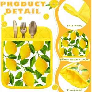 6 Pcs Pot Holders for Kitchen Heat Resistant Yellow Lemon Design Pot Holders with Hand Pockets and Hanging Loops Cotton Hot Pads Dual Function for Kitchen, Cooking, Baking, Grilling, Gifting
