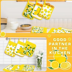 6 Pcs Pot Holders for Kitchen Heat Resistant Yellow Lemon Design Pot Holders with Hand Pockets and Hanging Loops Cotton Hot Pads Dual Function for Kitchen, Cooking, Baking, Grilling, Gifting