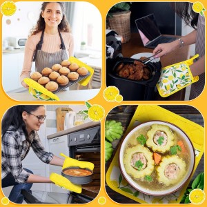 6 Pcs Pot Holders for Kitchen Heat Resistant Yellow Lemon Design Pot Holders with Hand Pockets and Hanging Loops Cotton Hot Pads Dual Function for Kitchen, Cooking, Baking, Grilling, Gifting