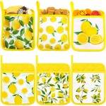 6 Pcs Pot Holders for Kitchen Heat Resistant Yellow Lemon Design Pot Holders with Hand Pockets and Hanging Loops Cotton Hot Pads Dual Function for Kitchen, Cooking, Baking, Grilling, Gifting
