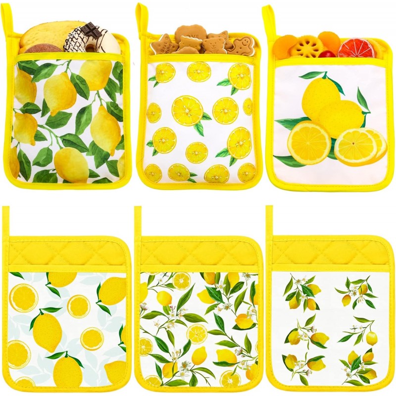 6 Pcs Pot Holders for Kitchen Heat Resistant Yellow Lemon Design Pot Holders with Hand Pockets and Hanging Loops Cotton Hot Pads Dual Function for Kitchen, Cooking, Baking, Grilling, Gifting