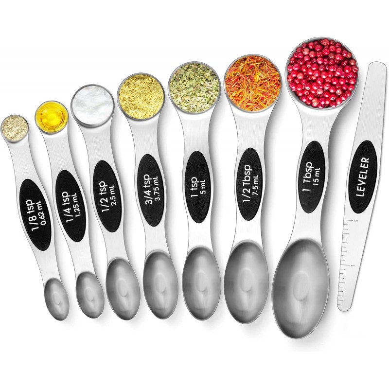 Urbanstrive 8 Pcs Upgraded Magnetic Measuring Spoons Set Stainless Steel Dual Sided for Liquid Dry Food Measuring Cups Spoons Set Fits in Spice Jar Kitchen Gadgets Including Leveler, Silver