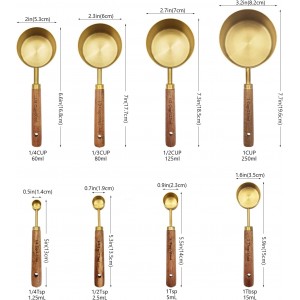 Gold Measuring Cups and Spoons Set with Fragrant Wood Handle, Measuring Cups, Metal Measuring Spoons and Measuring Cup Set for Cooking & Baking, Set of 8 pcs