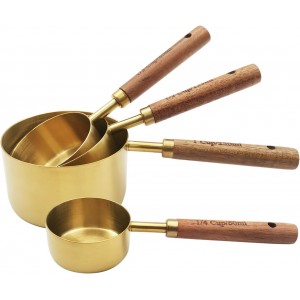 Gold Measuring Cups and Spoons Set with Fragrant Wood Handle, Measuring Cups, Metal Measuring Spoons and Measuring Cup Set for Cooking & Baking, Set of 8 pcs