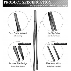 JETKONG 2 Pcs 12-Inch Kitchen Tweezers Tongs with Precision Serrated Tips, Stainless Steel Chef Tweezer Professional Cooking Tweezers for BBQ, Plating and Serving (12-Inch, Black)