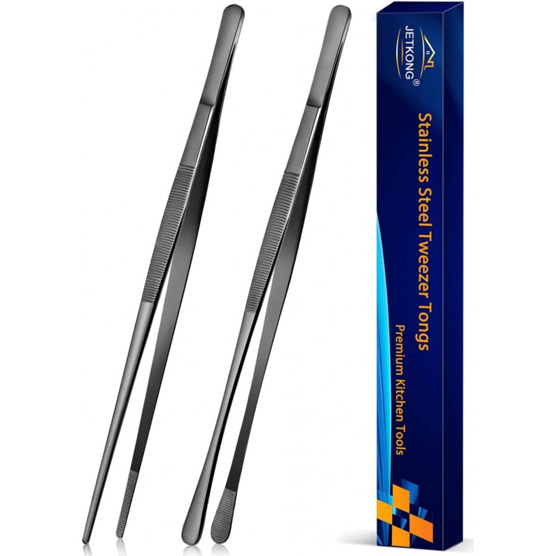 JETKONG 2 Pcs 12-Inch Kitchen Tweezers Tongs with Precision Serrated Tips, Stainless Steel Chef Tweezer Professional Cooking Tweezers for BBQ, Plating and Serving (12-Inch, Black)