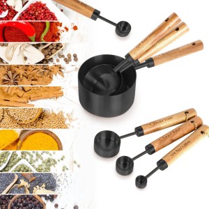 Collection 8 Piece Black Measuring Cups Set and Measuring Spoons, Golden With fragrant wood Handles-Complete Set of Measure Cups and Spoons For Cooking and Baking.