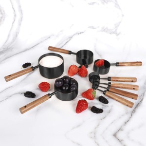 Collection 8 Piece Black Measuring Cups Set and Measuring Spoons, Golden With fragrant wood Handles-Complete Set of Measure Cups and Spoons For Cooking and Baking.