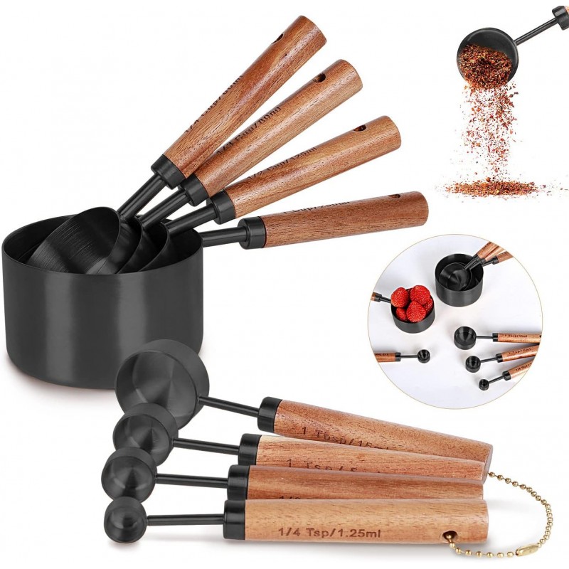 Collection 8 Piece Black Measuring Cups Set and Measuring Spoons, Golden With fragrant wood Handles-Complete Set of Measure Cups and Spoons For Cooking and Baking.