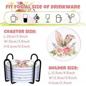 Whaline 6 Pcs Easter Ceramic Coaster Set Bunny Rabbit Egg Flowers Drink Coasters with Holder Watercolor Absorbent Coasters for Easter Spring Home Decor Table Protection Housewarming Gift