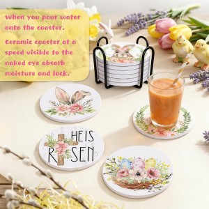Whaline 6 Pcs Easter Ceramic Coaster Set Bunny Rabbit Egg Flowers Drink Coasters with Holder Watercolor Absorbent Coasters for Easter Spring Home Decor Table Protection Housewarming Gift