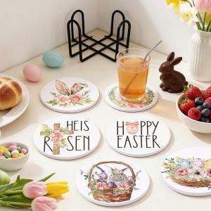 Whaline 6 Pcs Easter Ceramic Coaster Set Bunny Rabbit Egg Flowers Drink Coasters with Holder Watercolor Absorbent Coasters for Easter Spring Home Decor Table Protection Housewarming Gift