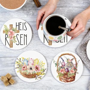 Whaline 6 Pcs Easter Ceramic Coaster Set Bunny Rabbit Egg Flowers Drink Coasters with Holder Watercolor Absorbent Coasters for Easter Spring Home Decor Table Protection Housewarming Gift