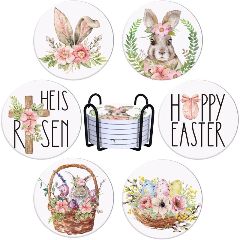 Whaline 6 Pcs Easter Ceramic Coaster Set Bunny Rabbit Egg Flowers Drink Coasters with Holder Watercolor Absorbent Coasters for Easter Spring Home Decor Table Protection Housewarming Gift
