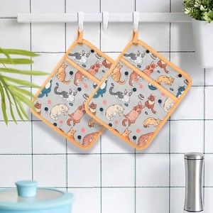 Pot Holders Set of 2 Heat Resistant 480℉ Kitchen 100% Cotton Comfortable Lining Printing Fox Flower Women Men Home Cooking Baking Microwave BBQ Gift (Cat potholder)