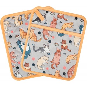Pot Holders Set of 2 Heat Resistant 480℉ Kitchen 100% Cotton Comfortable Lining Printing Fox Flower Women Men Home Cooking Baking Microwave BBQ Gift (Cat potholder)