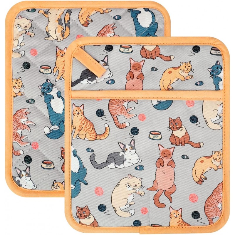 Pot Holders Set of 2 Heat Resistant 480℉ Kitchen 100% Cotton Comfortable Lining Printing Fox Flower Women Men Home Cooking Baking Microwave BBQ Gift (Cat potholder)