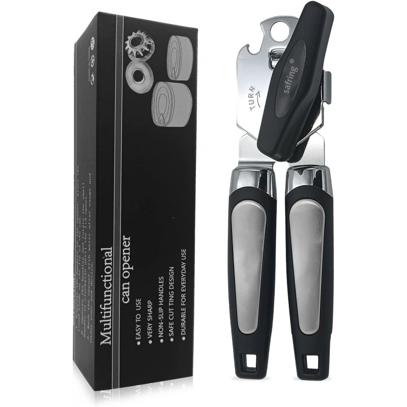 Can Opener Manual, Handheld Strong Heavy Duty Stainless Steel Can Opener, Comfortable Handle, Sharp Blade Smooth Edge, Can Openers with Multifunctional Bottle Opener
