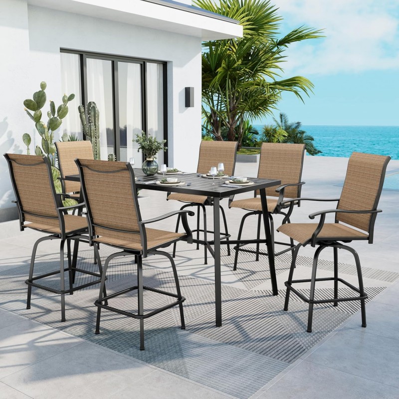 MFSTUDIO Patio Bar Set of 7, Outdoor Bar Height Table and Chairs, 1 x Heavy Duty Metal Slat High Top Bar Table with 6 x Swivel Outdoor Bar Stool, Breathable Textilene Fabric