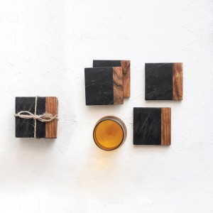 Marble and Acacia Wood 2-Tone Coasters, Black and Natural, Set of 4