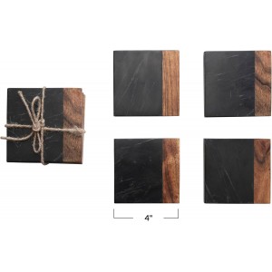 Marble and Acacia Wood 2-Tone Coasters, Black and Natural, Set of 4