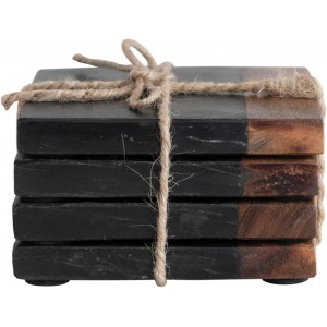 Marble and Acacia Wood 2-Tone Coasters, Black and Natural, Set of 4