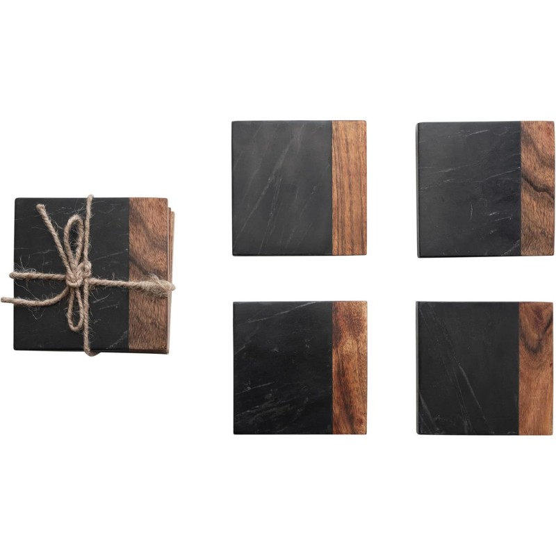Marble and Acacia Wood 2-Tone Coasters, Black and Natural, Set of 4