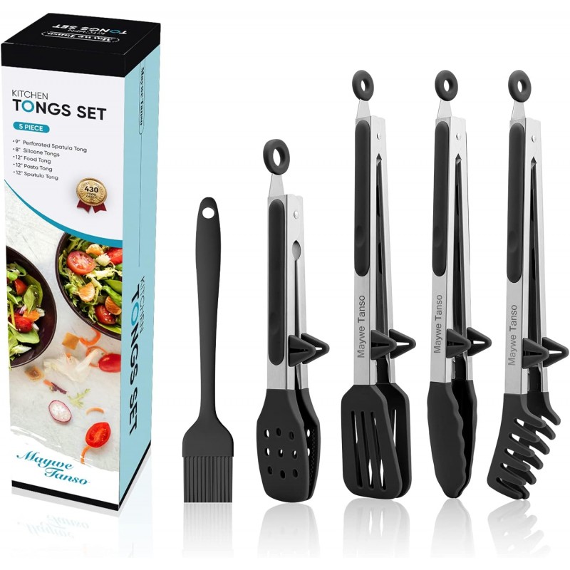 5-Pack Silicone Tongs for Cooking,Maywe Tanso 4PCS 13-Inch Kitchen Tongs with Silicone Tips,Nonstick Stainless Steel Tong for Steak Pie Pizza Pasta Spaghetti Salad BBQ Buffet,Plus Brush