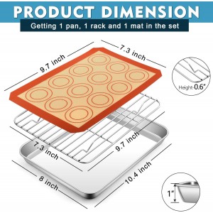 P&P CHEF 10.4 Inch Baking Oven Sheet Pan with Rack & Mat for Cookie, Stainless Steel Oven Sheet Tray Cooling Rack and Silicone Mat for Baking & Roasting, Dishwasher Safe & Healthy, 3Pcs