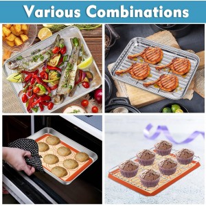 P&P CHEF 10.4 Inch Baking Oven Sheet Pan with Rack & Mat for Cookie, Stainless Steel Oven Sheet Tray Cooling Rack and Silicone Mat for Baking & Roasting, Dishwasher Safe & Healthy, 3Pcs