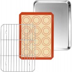 P&P CHEF 10.4 Inch Baking Oven Sheet Pan with Rack & Mat for Cookie, Stainless Steel Oven Sheet Tray Cooling Rack and Silicone Mat for Baking & Roasting, Dishwasher Safe & Healthy, 3Pcs