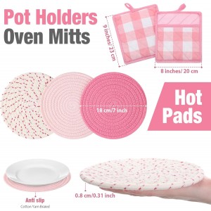 Pink Oven Mitts and Pot Holders 7 Sets, Heat Resistant Kitchen Gloves Pads Potholders for Women Gifts Pot Holders Kitchen Accessories Gift(Pink White,Cotton,Plaid)