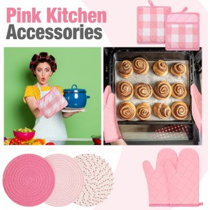 Pink Oven Mitts and Pot Holders 7 Sets, Heat Resistant Kitchen Gloves Pads Potholders for Women Gifts Pot Holders Kitchen Accessories Gift(Pink White,Cotton,Plaid)