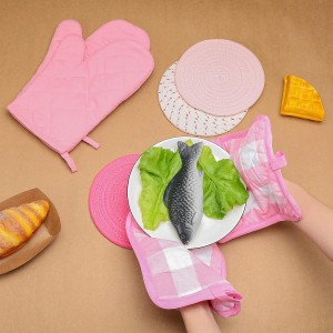 Pink Oven Mitts and Pot Holders 7 Sets, Heat Resistant Kitchen Gloves Pads Potholders for Women Gifts Pot Holders Kitchen Accessories Gift(Pink White,Cotton,Plaid)