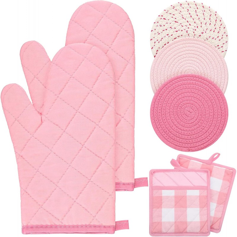 Pink Oven Mitts and Pot Holders 7 Sets, Heat Resistant Kitchen Gloves Pads Potholders for Women Gifts Pot Holders Kitchen Accessories Gift(Pink White,Cotton,Plaid)